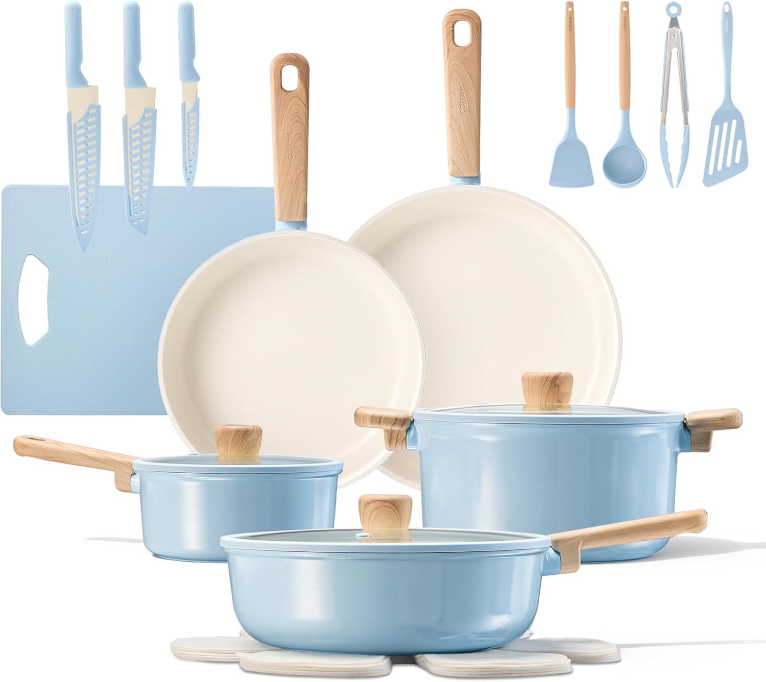 CAROTE 24pcs Ceramic Cookware Set, Pots and Pans Non Stick Kitchen Cookware Sets, Pots and Pans Set Cooking Set with Knife Set