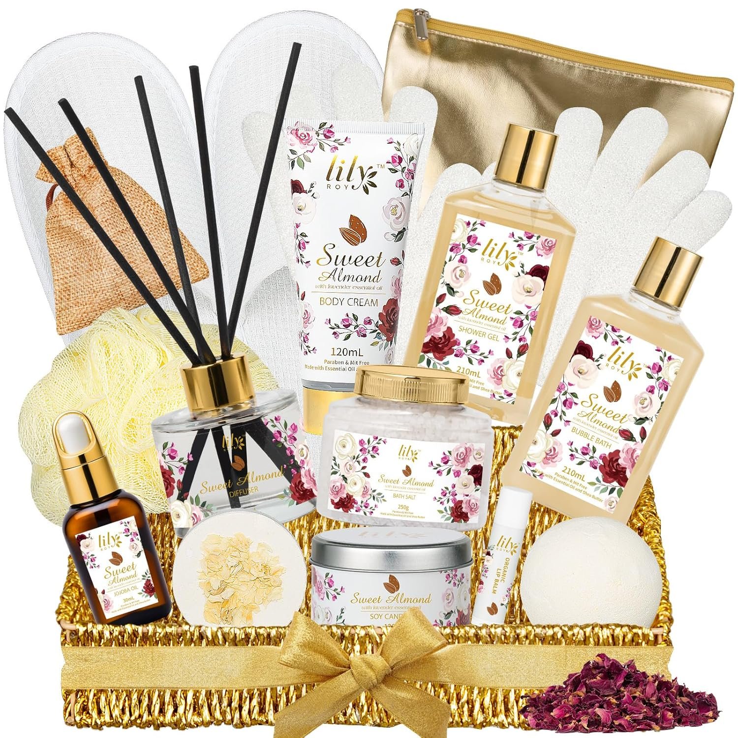 Valentines Day Gifts Spa Gift Basket Set for Women 17-Piece Almond Luxury Spa Gift Set Bath & Body Care Kit with Shower Gel | Christmas, Mothers Day Gift for Mom, Birthday Gifts for Her, Wife, Mom
