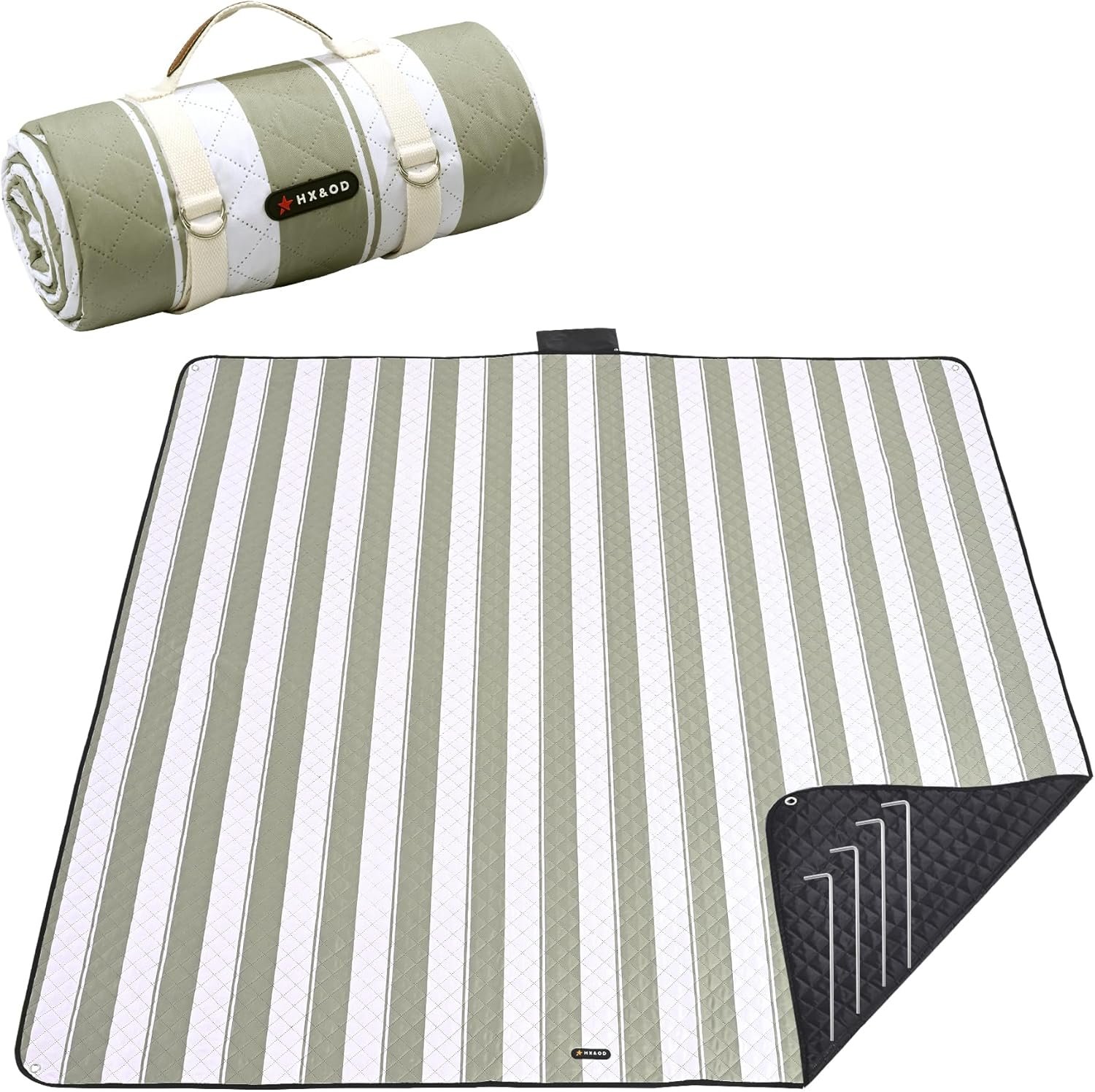 HX&OD Outdoor Picnic Blanket Extra Large, 80”*60” Waterproof Picnic Mat with Stakes Foldable Camping Blanket Portable with Carry Strap for Beach Mat (Green& White, 80”*60”)