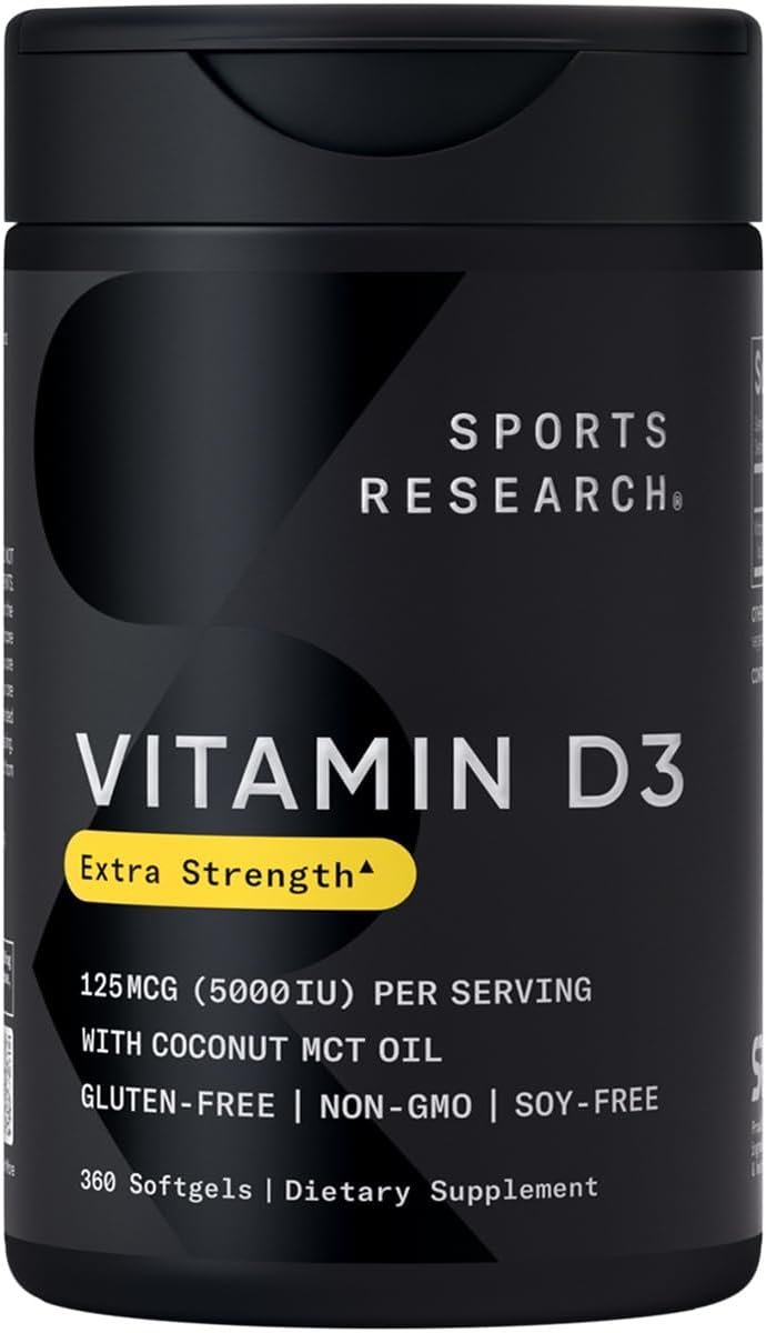 Sports Research® Vitamin D3 w/Coconut MCT Oil – High Potency Vitamin D3 5000iu (125mcg) Supplement for Immune & Bone Support – Seed Oil Free – Non-GMO – Gluten Free (360 Liquid Softgels)