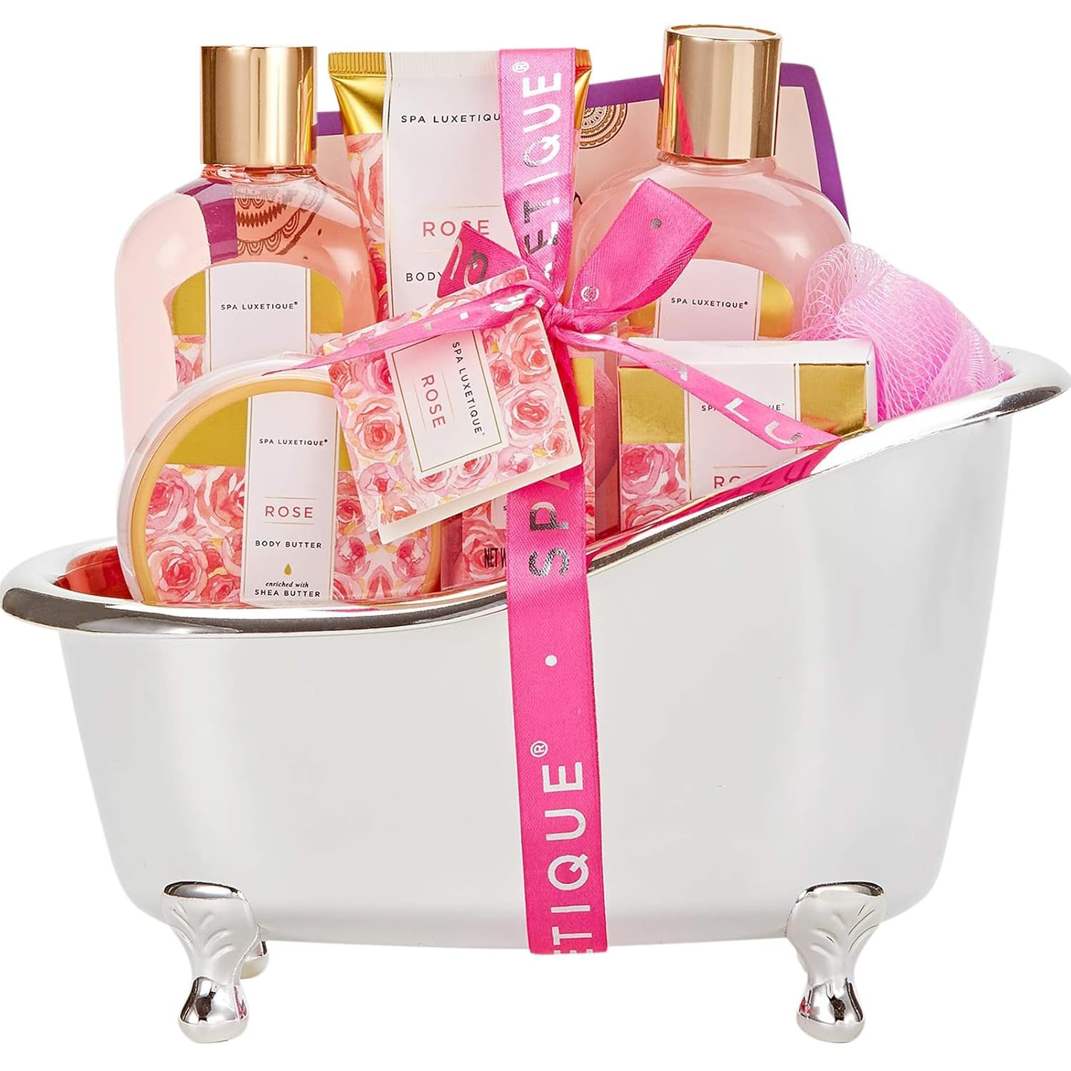 spa luxetique Gift Set For Women, Bath Sets for Women Gift, 8 Pcs Rose Spa Basket Includes Bubble Bath, Shower Gel, Body Lotion, Mom Birthday Gifts, Mother‘s Day Valentines Galentines Gifts for Her