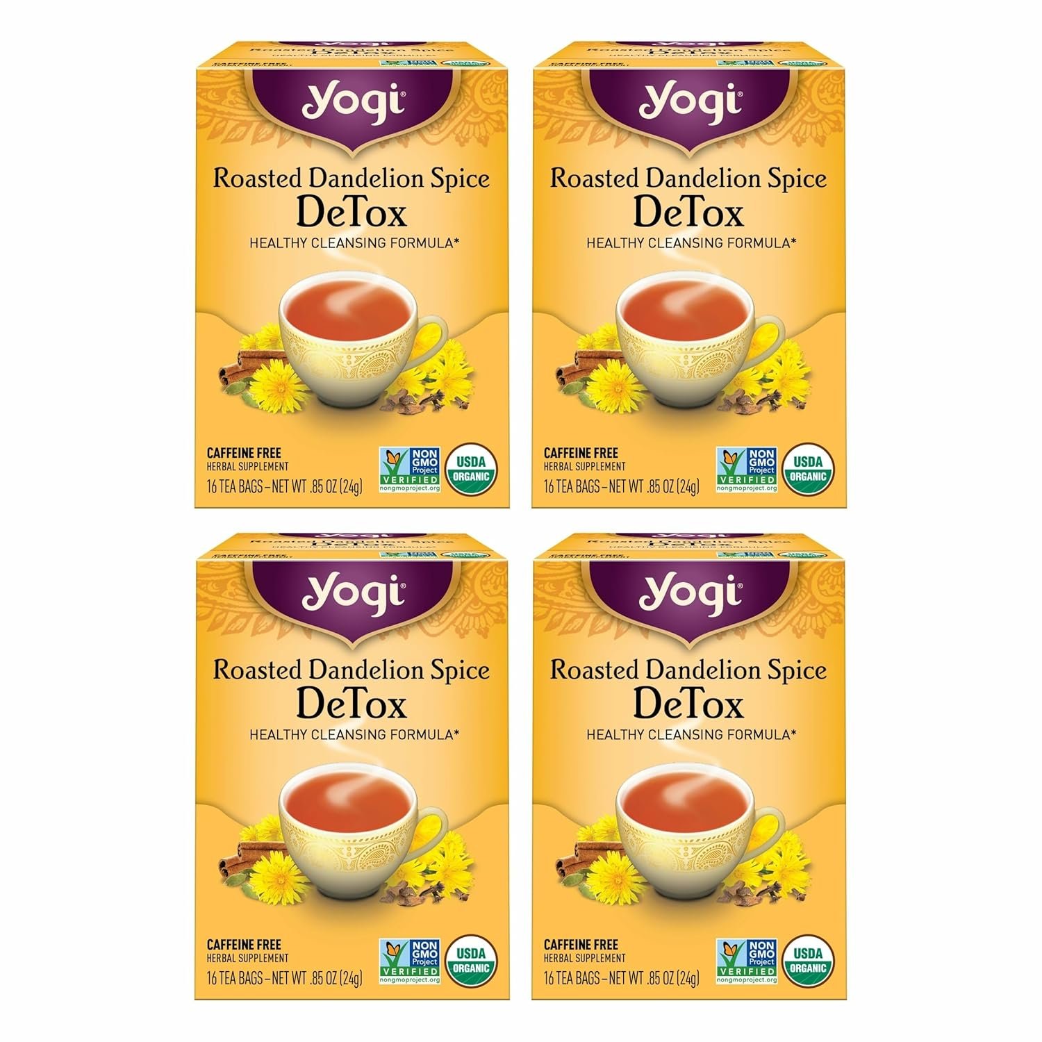 Yogi Tea Roasted Dandelion Spice DeTox – 16 Bags per Pack (4 Packs) – Organic DeTox Tea – Includes Roasted Dandelion Root, Dandelion Root, Cinnamon Bark, Cocoa Shell & More