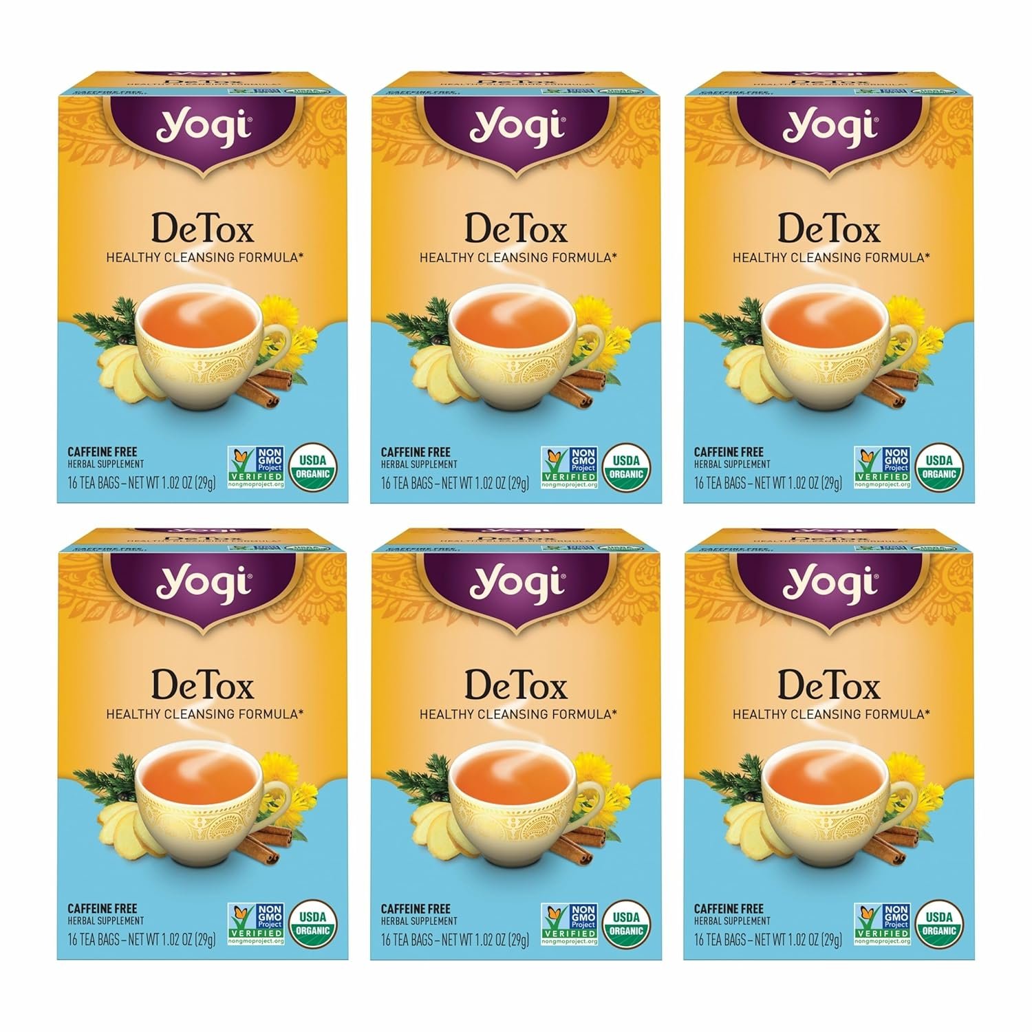 Yogi Tea DeTox Tea – 16 Tea Bags per Pack (6 Packs) – Organic Detox Tea for Digestive & Circulation Support – Includes Burdock, Dandelion, Ginger Root, Black Pepper, Cardamom & Juniper Berry