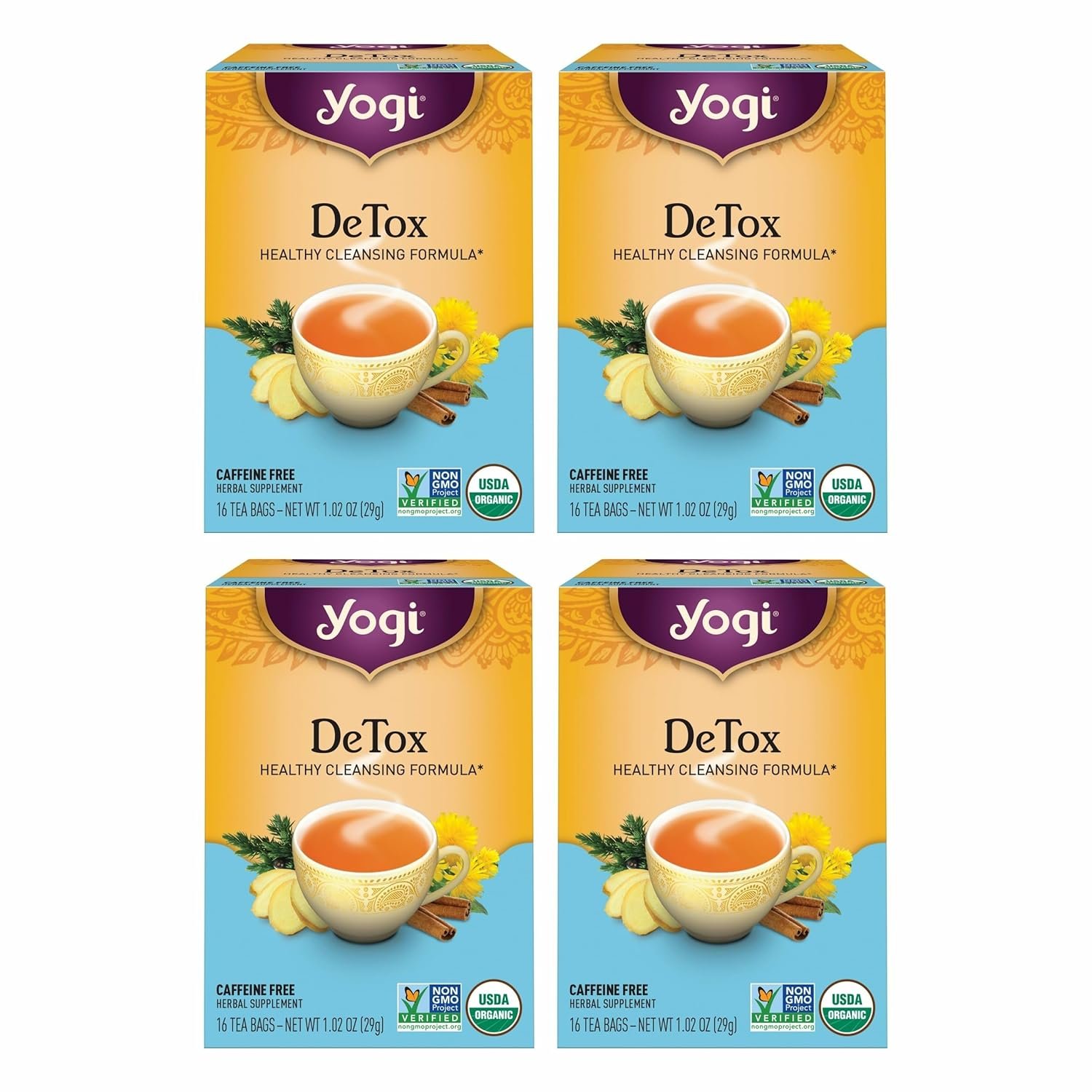 Yogi Tea DeTox Tea – 16 Tea Bags per Pack (4 Packs) – Organic Detox Tea for Digestive & Circulation Support – Includes Burdock, Dandelion, Ginger Root, Black Pepper, Cardamom & Juniper Berry